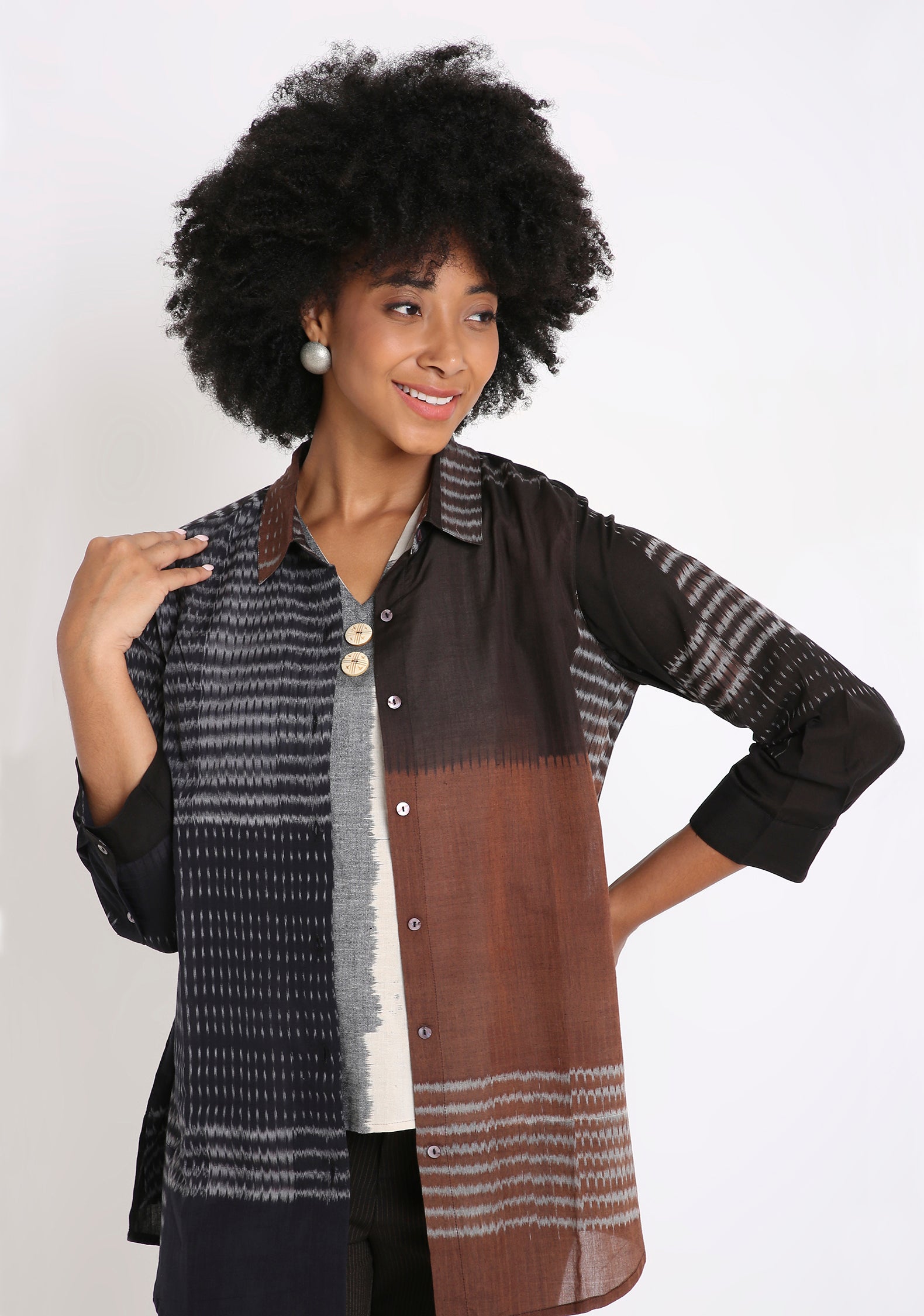 Handwoven Ikat Cotton Vneck Top.